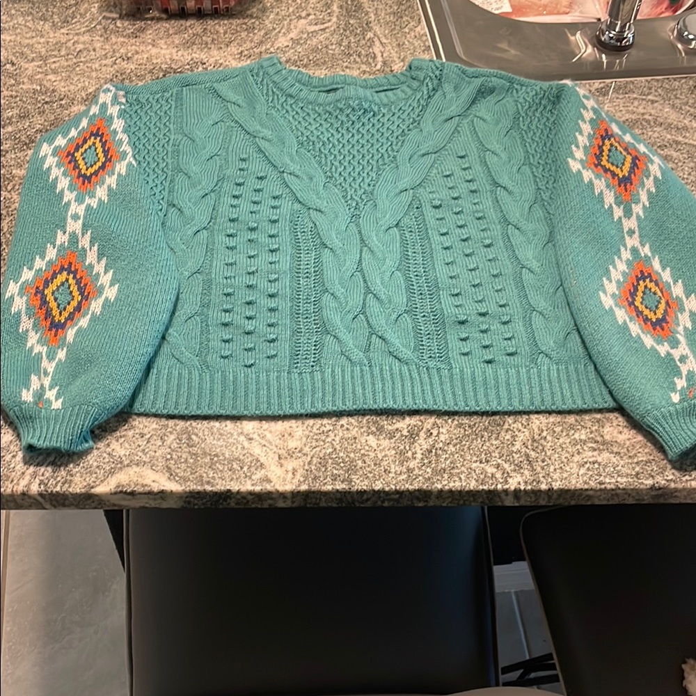 Rock & Roll Cowgirl Blue and Orange Crew Neck Sweater